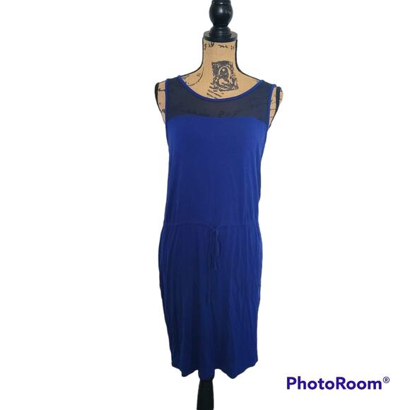 Medium The Limited mesh yoke royal blue & black drawstring dropwaist knit dress - Picture 1 of 7